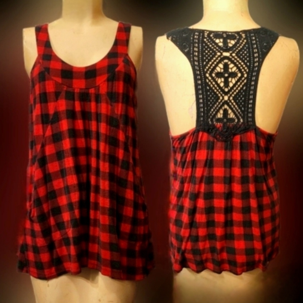 Y2K So Sik red blk Buffalo plaid crochet flowy racer back tank top w pockets XL - Picture 16 of 17